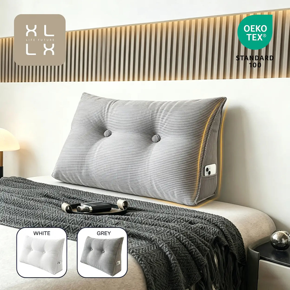 Xllx Rücken- und Lesekissen – Waschbarer Bezug und Seitentasche – 80 × 50 × 20 cm – Grau