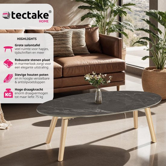 tectake® Couchtisch | Wohnzimmertisch, Ovaler Couchtisch mit Holzbeinen | Marmoroptik | Wetterfester Beistelltisch für Wohnzimmer, Terrasse, Garten oder Balkon - natur