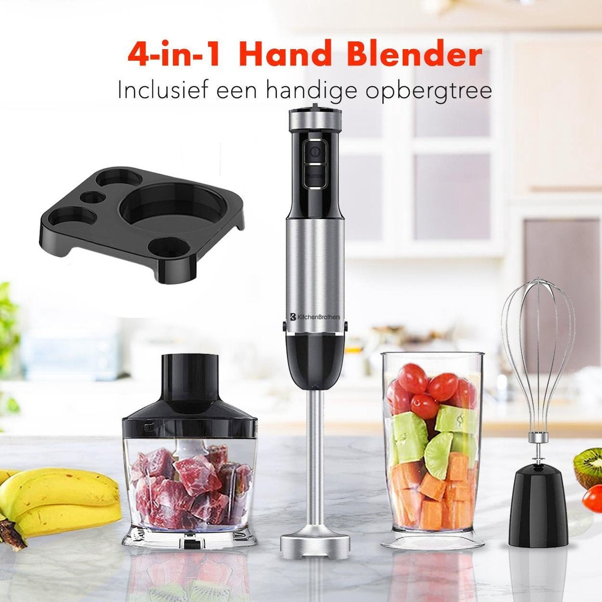 KitchenBrothers Stabmixer-Set - Zerkleinerer - Mixer 4-in1 - 800W - 600ML - Edelstahl