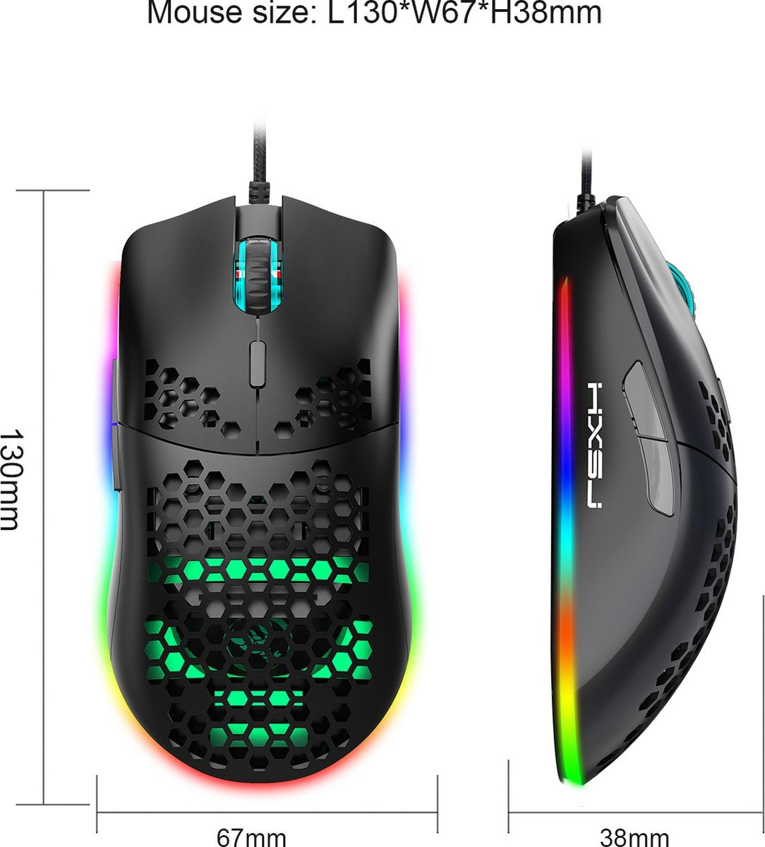 HXSJ J900 Optische Gaming-Maus - Ultraleicht - RGB-Beleuchtung - 6400 DPI - Schwarz