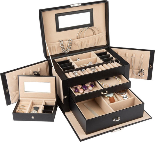 LifeGoods Schmuckkästchen XL - Schmuckaufbewahrung - 20 Fächer - Schwarz/Beige