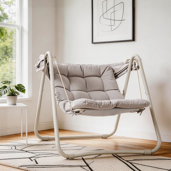 SoBuy OGS62-MI Schaukelstuhl mit verstellbarem Sonnenschirm – Für drinnen und draußen – Hängematte und Gartenstuhl für den Außenbereich – beige, 108 x 126 x 163 cm