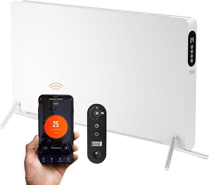 LEBENLANG Elektroheizgerät - 2000W - Wifi und App-Steuerung - Fernbedienung - 88 x 5 x 49 cm - Weiß