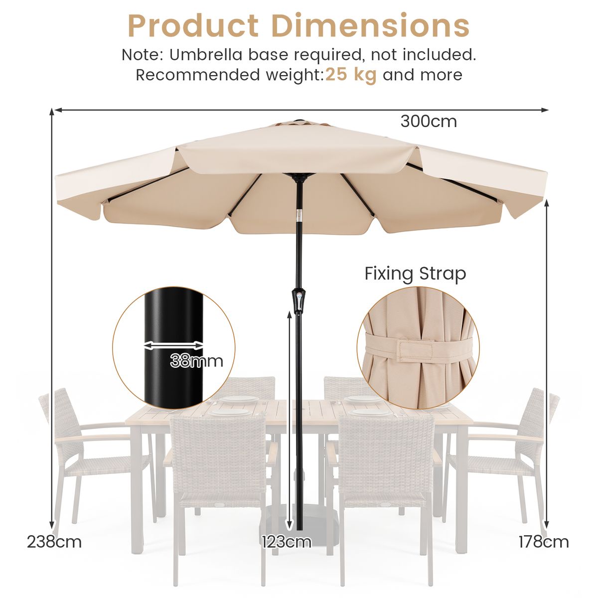 Coast Sonnenschirm, neigbar – 3 Meter Durchmesser – Metallstange – beige