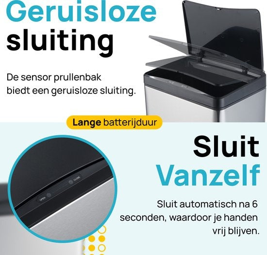 MOA Sensor Prullenbak - 50 liter - RVS & duurzaam ABS - Non-slip - Geruisloze deksel - Vertraagd sluiten modus - Stainless - SB02S