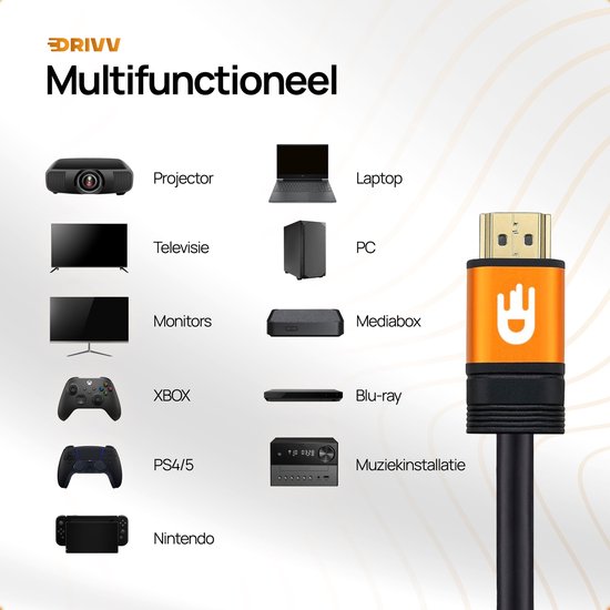 Drivv. Premium HDMI Kabel 2.1 - Ultra HD High Speed 8K - HDMI auf HDMI - Geeignet für Xbox Serie X & PS5 - 3 Meter - Orange