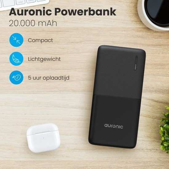 Auronic Powerbank - 20.000 mAh - 4 Anschlüsse - 2,4A USB/Micro-USB/USB-C - Inkl. Kabel - Schwarz