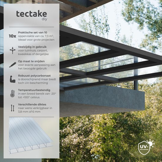 tectake® - 10er Set Polycarbonatplatten - Stabile, lichtdurchlässige, UV-beständige Hohlkammerplatten - 121 x 60,5 cm - 7,32m² gesamt - Transparent - Gewächshausfolie - 6mm stark