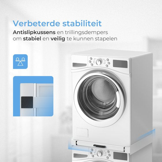 Skoov Abstandshalter für Waschmaschine & Trockner - Stapelset - Mit ausziehbarem Fachboden - Universal - Trockner - Möbel - inkl. Schwingungsdämpfer und Spannband