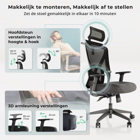 Backerz® Ergonomischer Bürostuhl - Für Erwachsene - Vollständig einstellbar - Zertifiziert bis 150kg - Spielstuhl - Motion Mesh - Schwarz
