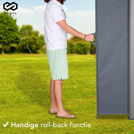 Infinity Goods - Ausziehbarer Windschutz - 300 x 140 cm - Ausziehbar - Einziehbar - Sonnenschutz - Garten, Strand, Terrasse, Balkon, Camping - Sichtschutz - Seitenmarkise - Wetterfest - Anthrazit