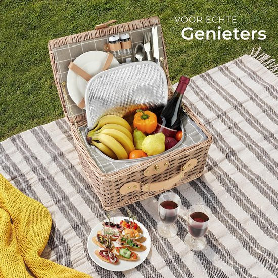 tectake - komplettes Picknickkorb-Set Ameland - Luxuriöses 13-teiliges Picknick-Set für 2 - Picknickkorb aus Weidengeflecht - Inklusive Kühlbox, Set mit Tellern, Kunststoff-Weingläsern und Edelstahl-Besteck