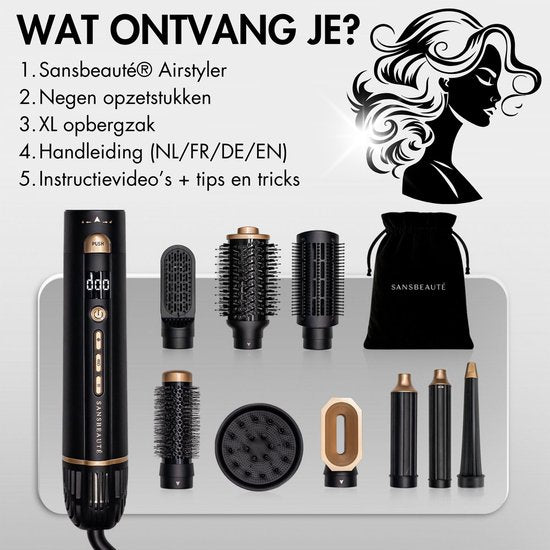 Sansbeauté® 9-in-1 Airstyler mit Diffusor - Multistyler - Haartrocknerbürste Kurzes Haar - Lockenstab - Haarstyler - Haartrockner - Wärmebürste - Lockenbürste - Lockenstab - Haarglätter - Stylingbürste - 5 in 1 Hairstyler