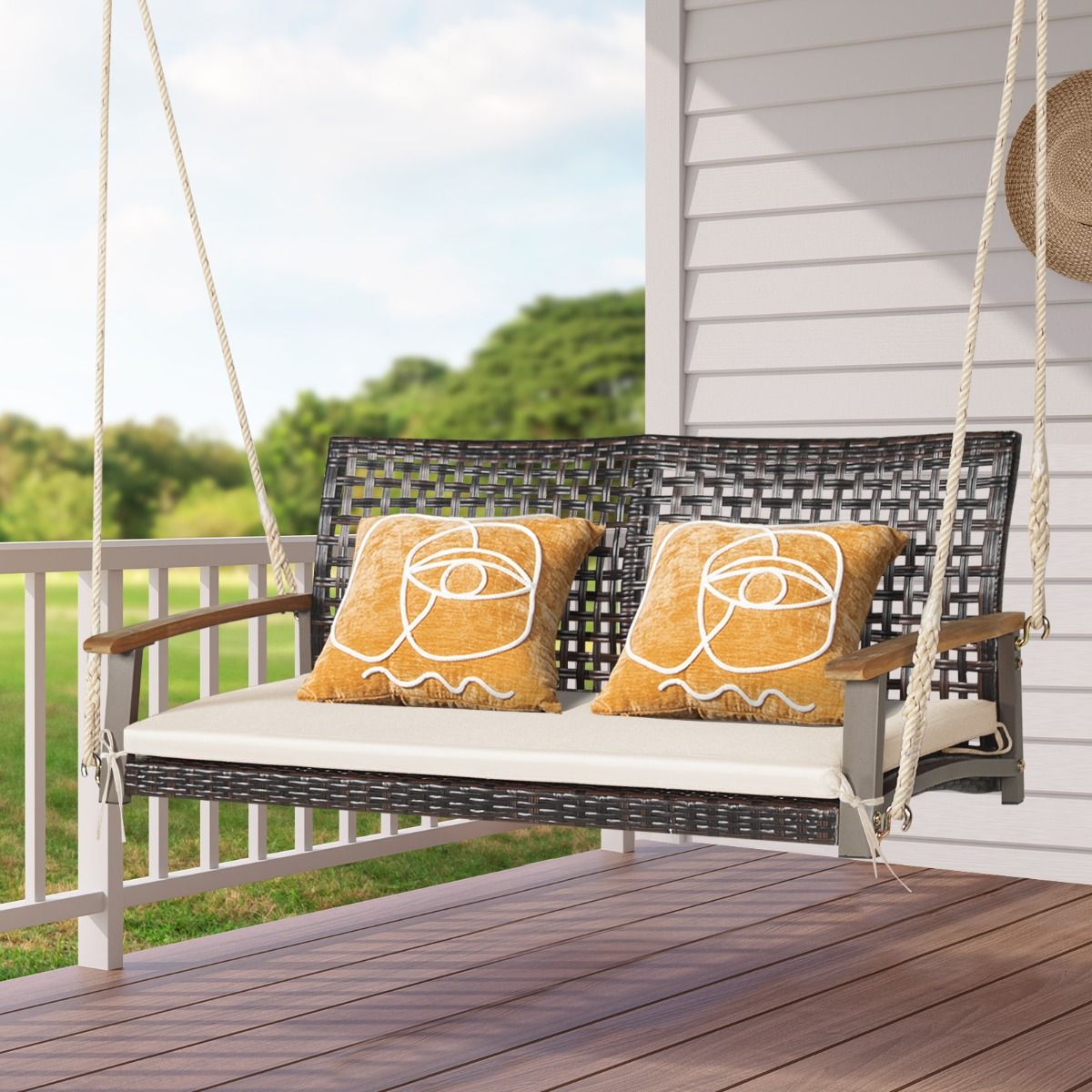 Coast 2-Sitzer Schaukelbank PE-Rotan mit Kissen 131x68x54 cm Beige - Hängeschaukel mit Armlehnen aus Akazienholz