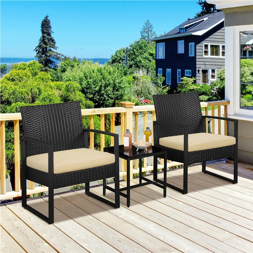 Yaheetech Balkon-Set – 3-teilig – 2 Stühle/Tisch – Polyrattan – Schwarz/Khaki