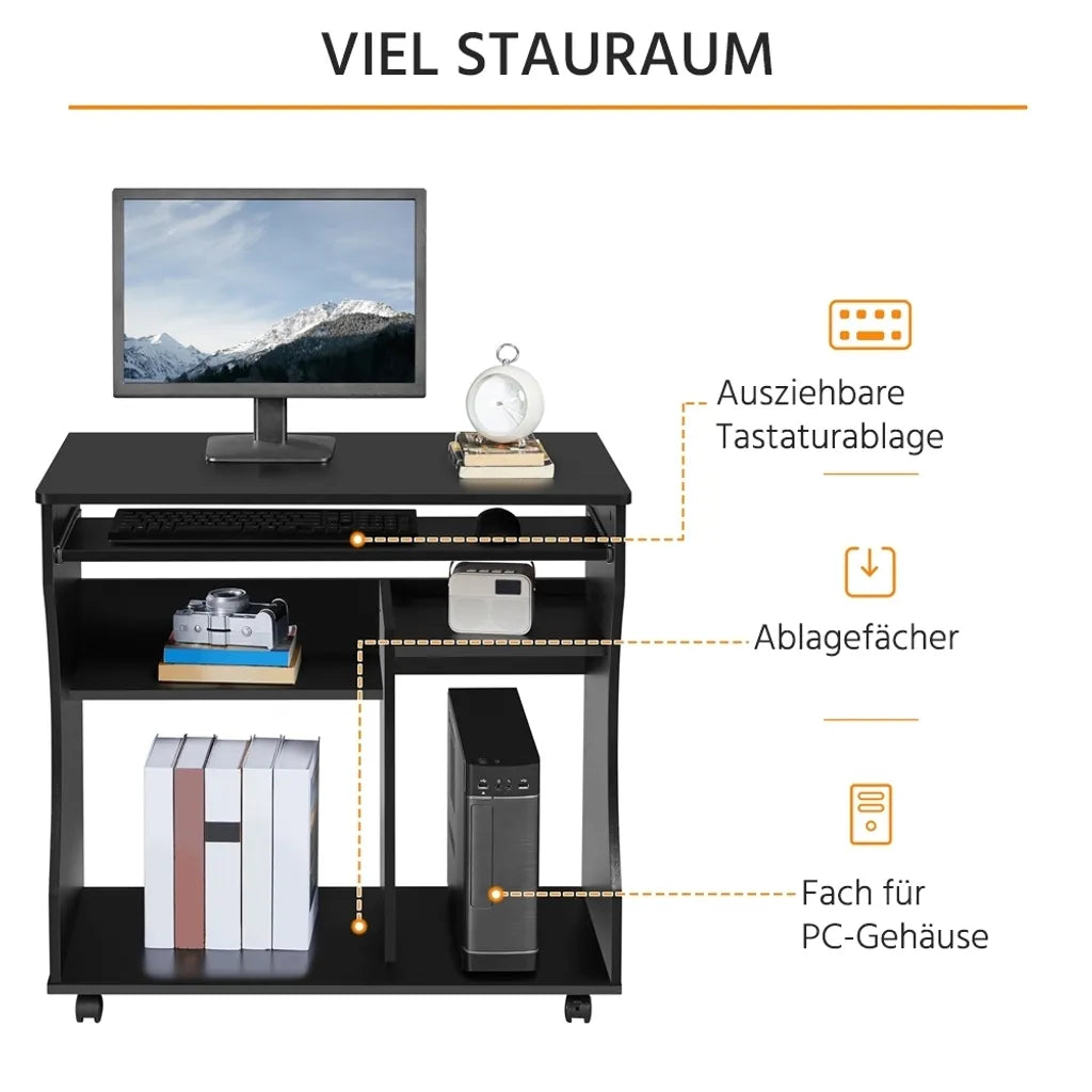 Yaheetech Computertisch mit Tastaturablage und Rollen – Schwarz – 80 x 48 x 76 cm