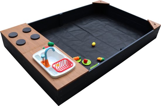 AXI Kelly Sandkasten mit Spielküche Anthrazit/Braun – Waschbecken inkl. 17-teiligem Zubehörset – Inklusive Abdeckplane und Bodenplane
