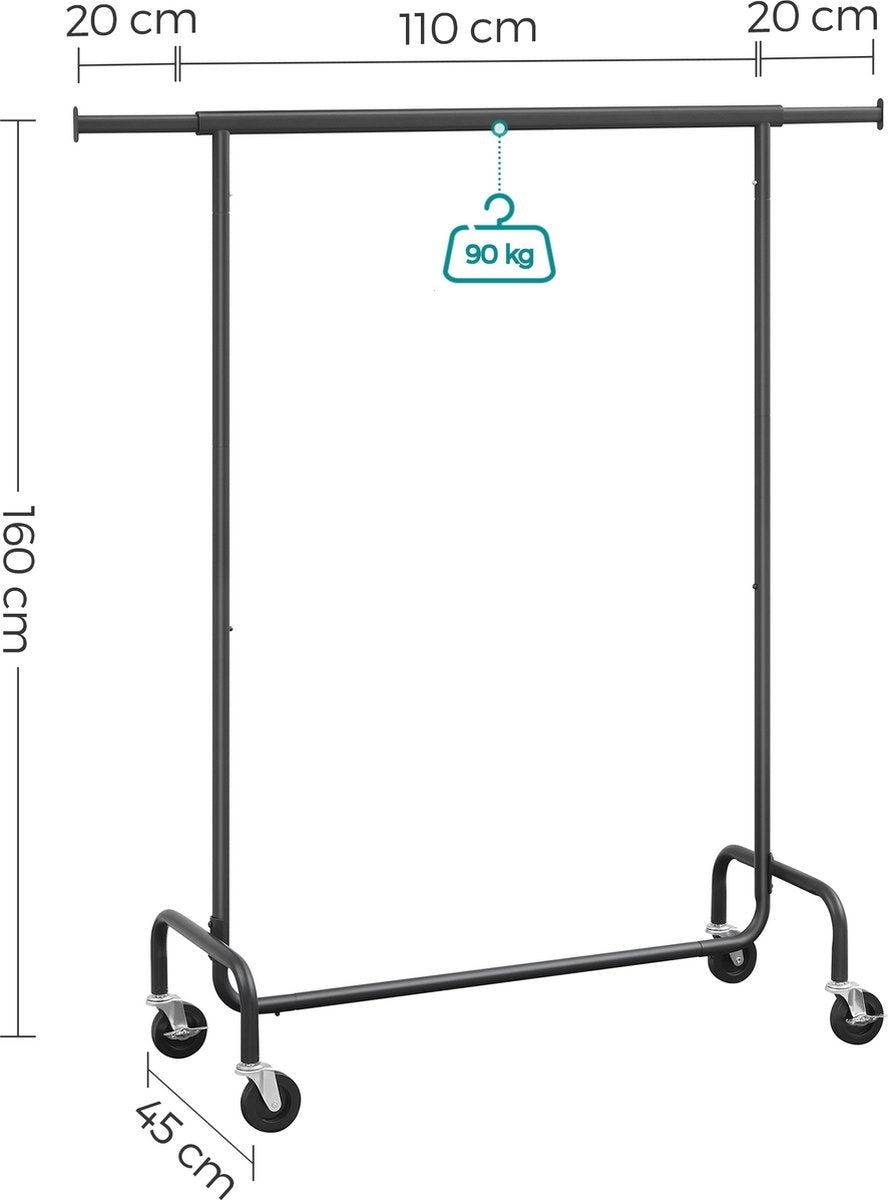 O'DADDYÂ® Kleiderständer auf Rädern - Garderobenständer - Ausziehbare Hängestange - Stabiles Design - Stabil bis zu 130kg- Metall - Schwarz