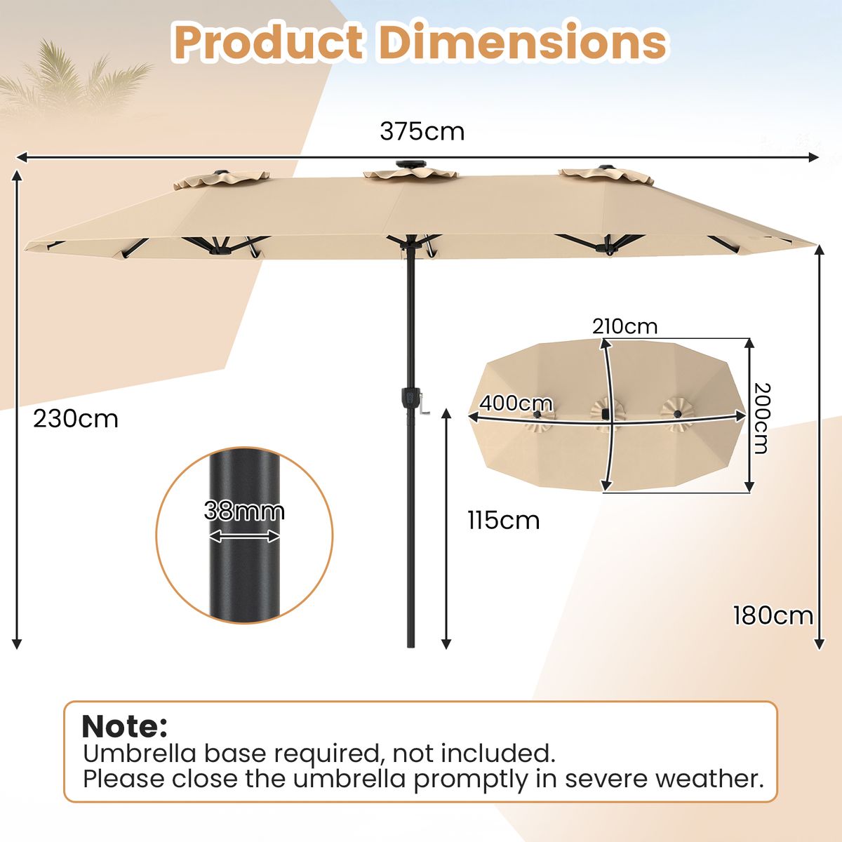 Coast Doppel-Gartenschirm – rechteckig mit LED-Beleuchtung – 400 x 210 cm – beige