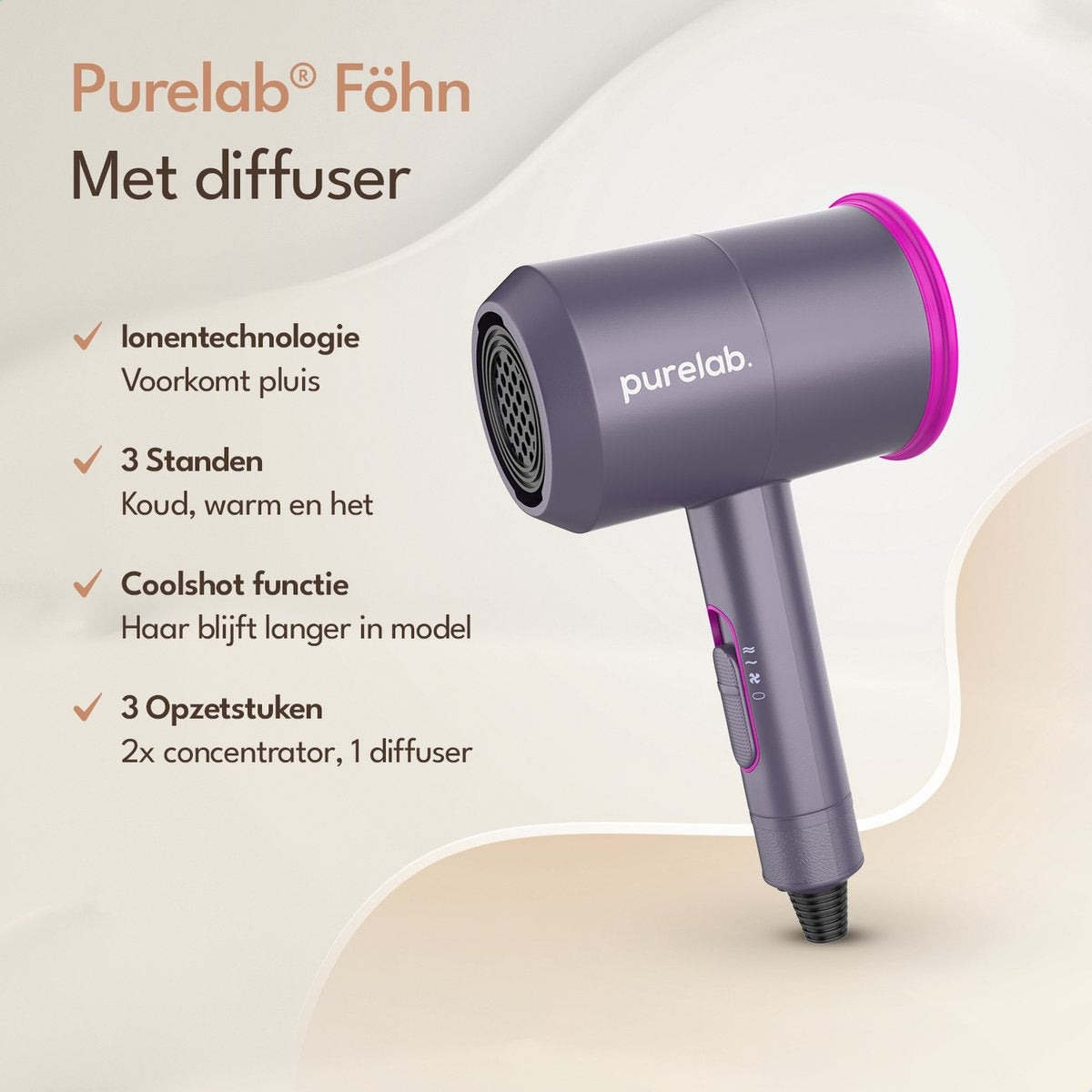 Purelab Haartrockner mit Diffusor - Ionen-Haartrockner - 3 Stufen - Schwarz