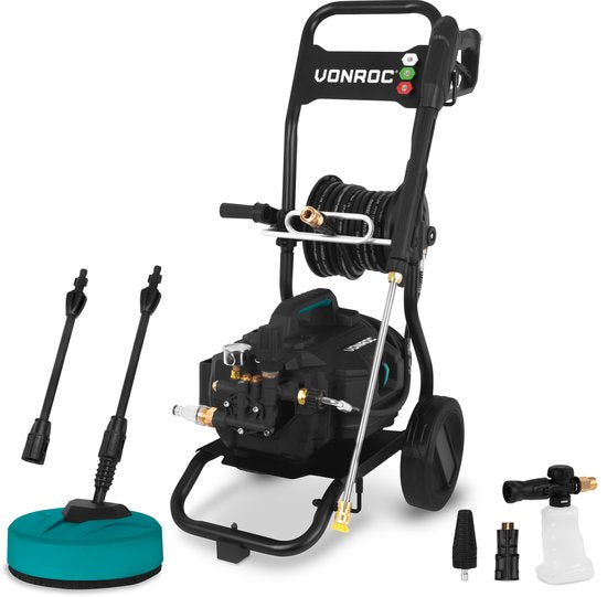 VONROC PRO Hochdruckreiniger V25-3 - 2500W - 180 bar - 468 l/h - Induktionsmotor - 15m Premiumschlauch - Inkl. Terrassenreiniger, Schaumdüse und 5 Düsen