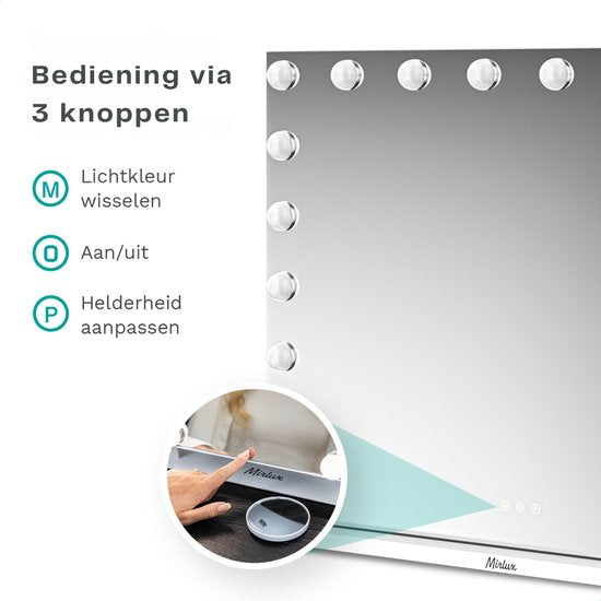 Mirlux Large Hollywood Mirror - 80x60CM - 2 Bluetooth-Lautsprecher - USB & USB-C Ladeanschlüsse - LED-Beleuchtung - Schminkspiegel - 10x Zoom - Aufhängbar - Weiß