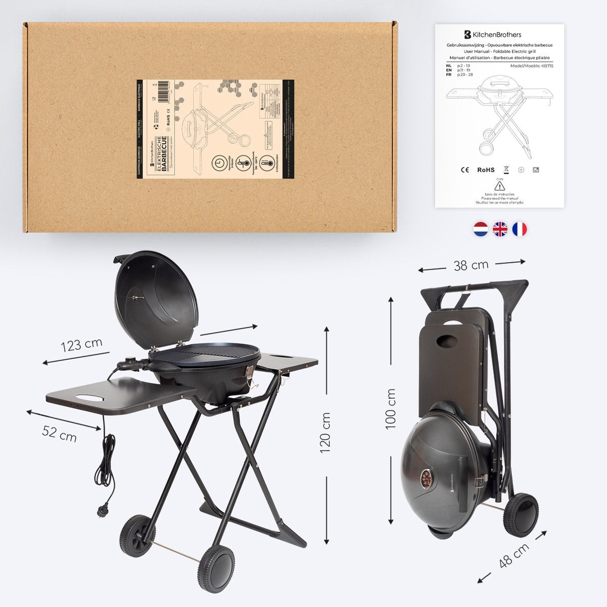 KitchenBrothers Elektrogrill - mit Rädern - klappbar - Antihaftbeschichtung - 46,5 x 33,8cm - bis zu 250Â°C - 2400W - Schwarz