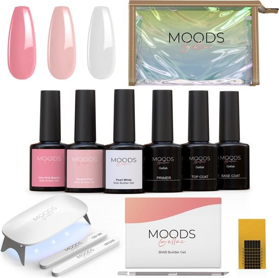 Moods Gellac BIAB Starter Pack - Milky Pink - Builder in a Bottle - BIAB Nagellack - Inklusive UV/LED Lampe, Bucking Stick, Nagelfeile, Primer, Base und Top Coat