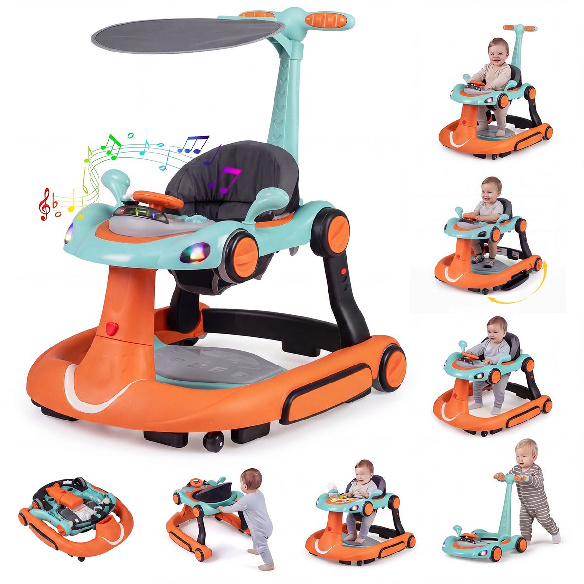 Coast 7-in-1-Lauflernwagen – höhen- und geschwindigkeitsverstellbar – mit Musik und Licht – orange