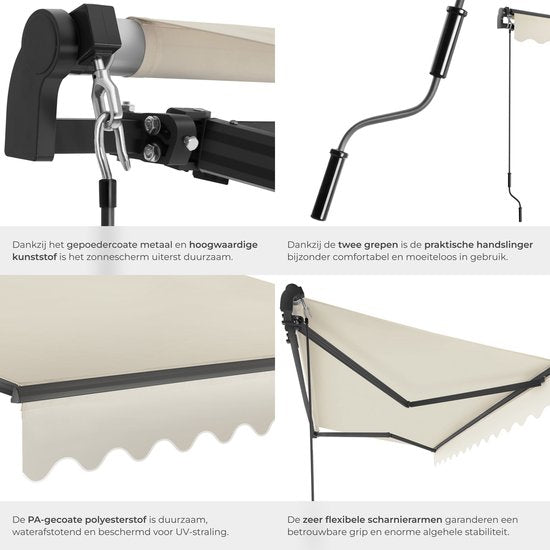 tectake® Sonnenschirm mit Gelenkarm - 300 x 250 cm - Markise - Sonnenschutz für Fenster, Balkon, Außenbereich - Wandmontierbar - Wasser- und UV-beständig - Beige