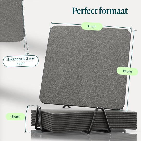 Castagnola Untersetzer aus Kunstleder – Untersetzer für Gläser – Design-Untersetzer mit Halter – Untersetzer-Set aus Kunstleder mit Metallhalter – Leder – 10er-Set – Grau – 10 x 10 cm