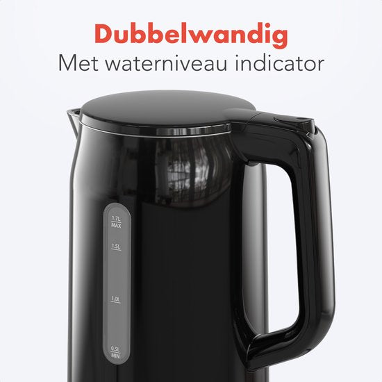 KitchenBrothers Wasserkocher - Elektrisch - 1,7 Liter - Mit Kalkfilter - Doppelwandig - Cool-touch - Schwarz