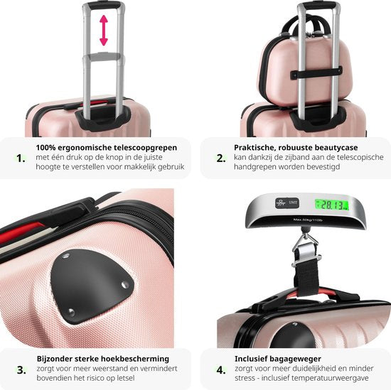 tectake - 4-teiliges Reisekofferset inklusive Koffertrolley und Gepäckwaage, 360° Rollen, Hartschalenkoffer mit Zahlenschloss, großer Koffer, stapelbar, Trolley Handgepäck - rosegold