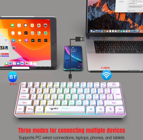 HXSJ L500 – Kabellose Gaming-Tastatur – RGB – Tri-Mode – QWERTY-Tastaturen – Weiß