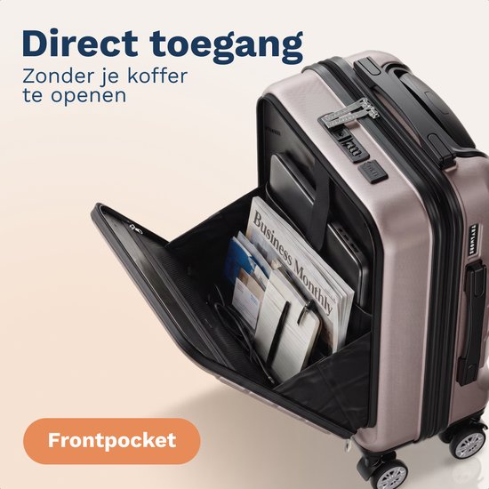 TRVLMORE Reisekoffer – 54 x 37 x 23 cm – Mit Frontfach – 44 l – TSA-Schloss – 4 Rollen – Roségold