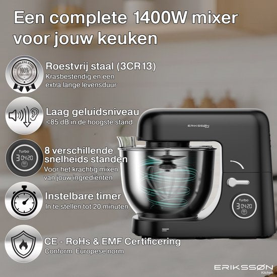 Erikssøn Küchenmaschine - 8 Geschwindigkeitsstufen mit Timer - 5L Mixer mit Rührschüssel - 1400W - Küchenroboter - Küchenmixer - Küchenmaschine - Schwarz
