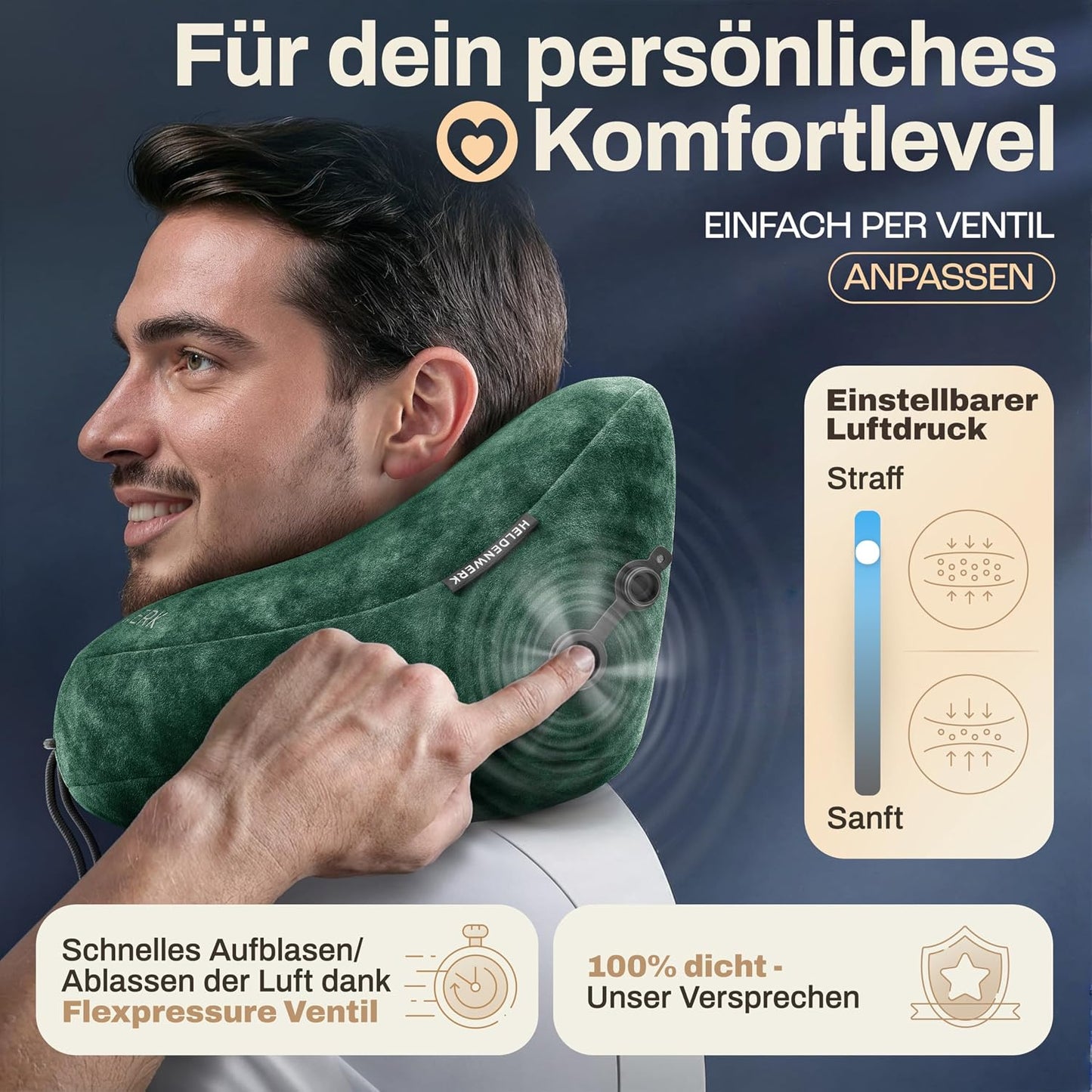 Heldenwerk® Premium Air Nackenkissen – ErgoRing – Aufblasbar – Mit Kapuze und Ohrstöpseln