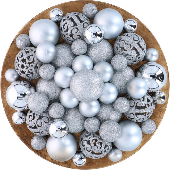 Giftsome Silbernes Weihnachtskugeln-Set – 101 Weihnachtskugeln aus Kunststoff – inkl. silberner Spitze – Weihnachtsdekoration – 3/4/6 cm
