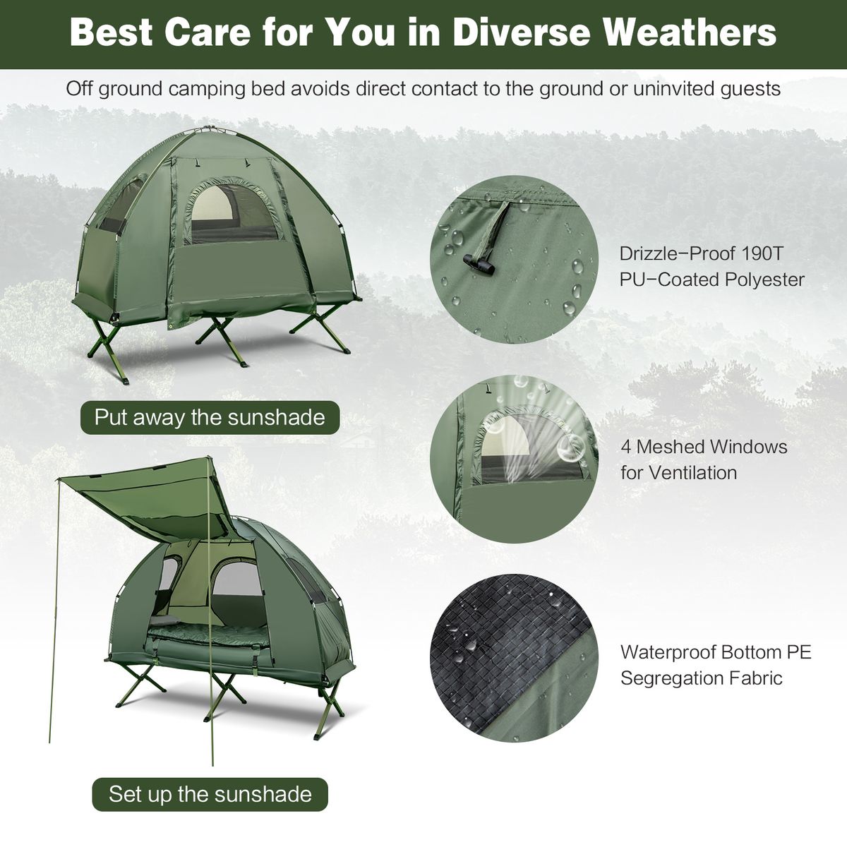 Coast Feldbett mit Zelt – 5-in-1-Camping-Set – Luftmatratze, Schlafsack und Kissen – Grün – 194 x 87 x 167 cm