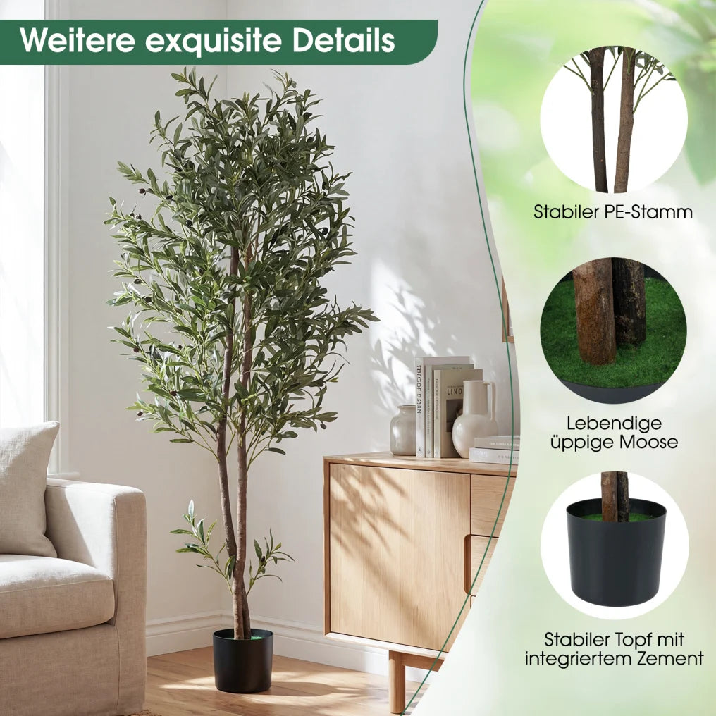 Coast Künstlicher Olivenbaum, 2er-Set – Mit zementverstärktem Topf, biegsamen Zweigen und realistischen Oliven – Für Wohnzimmer und Büro – Grünes und schwarzes Polyester – 180 cm hoch