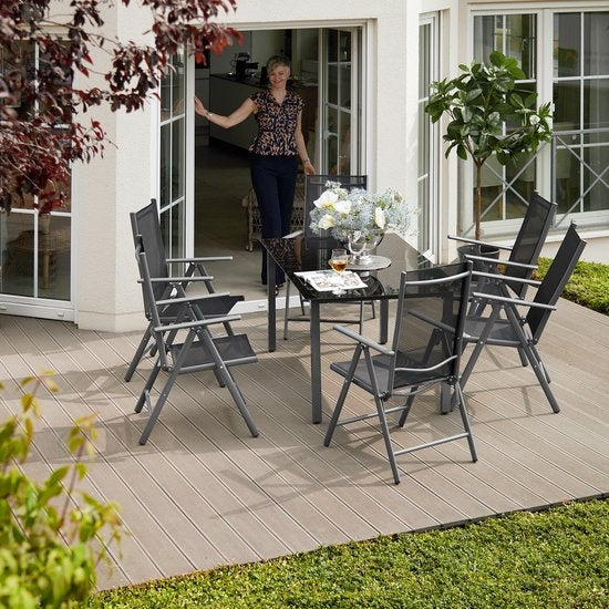 tectake Sitzgarnitur Aluminium Klappstühle, Loungeset mit 6x Stühlen und 1x Glastisch Esstisch, Gartenmöbelset wetterfest für Balkon, Gartenstühle, Terrassenmöbel, Liegestuhl - silber