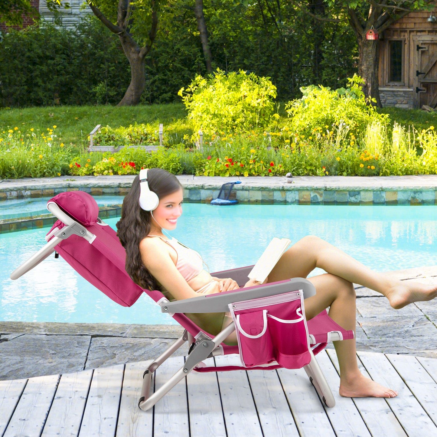 Coast Beach Chair Verstellbare Rückenlehne 5-Positionen faltbare Liege mit Becherhalter und Staufächern Rosa 66x65x78 cm - 2 Stück