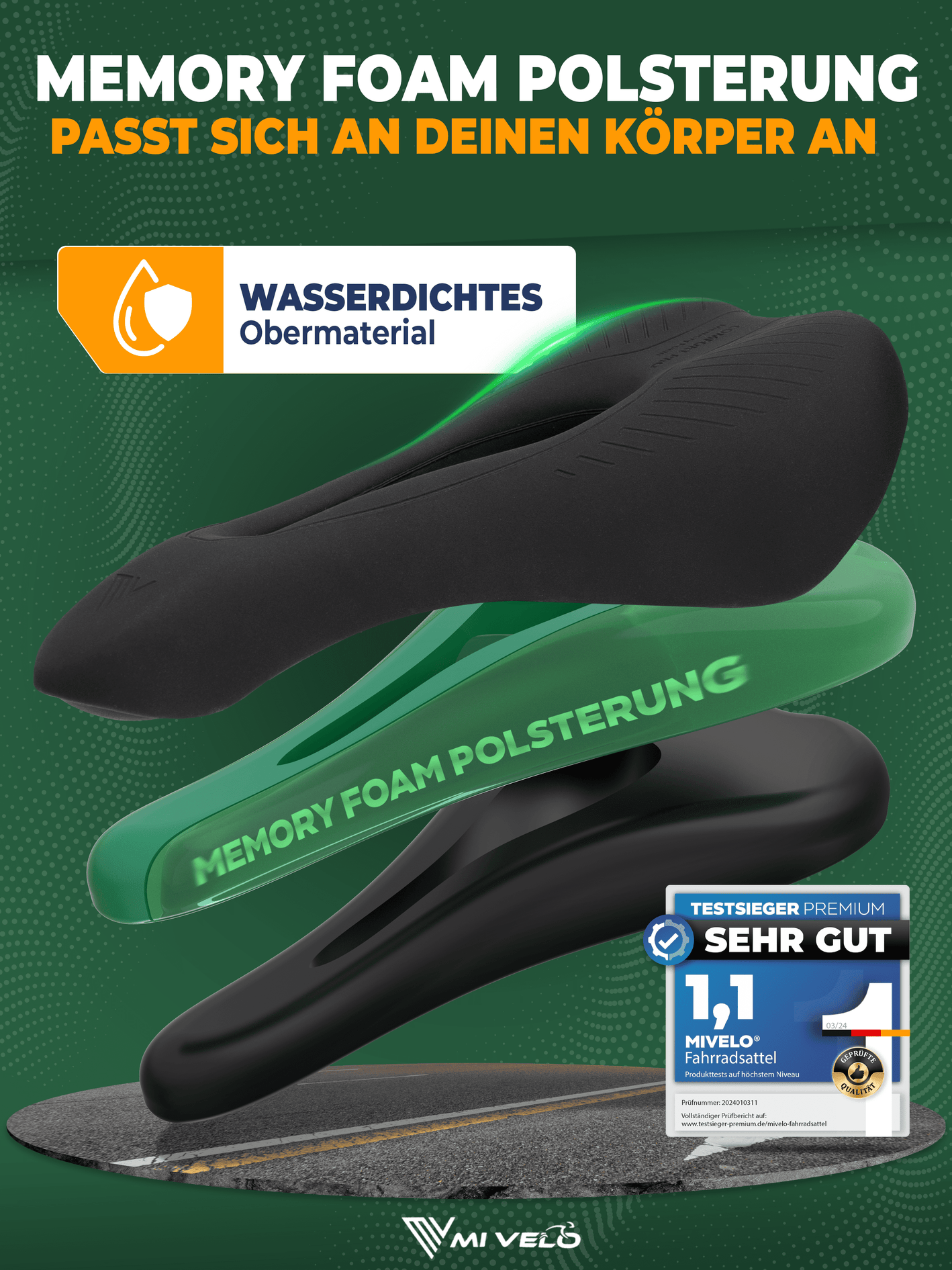 MIVELO - Comfort Pro MTB Fahrradsattel - Ergonomisch mit Memory Foam - 100% Wasserdicht - 28 cm x 14 cm - Schwarz