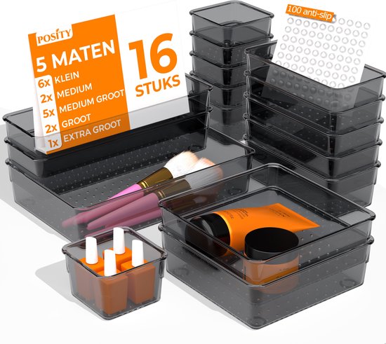 Posity Drawer Organizer - 16 Stück - Organizer Trays - Drawer Trays - Storage Trays - Make-up Organizer - Für Küche, Bad & Büro - Kunststoff - Schwarz Transparent