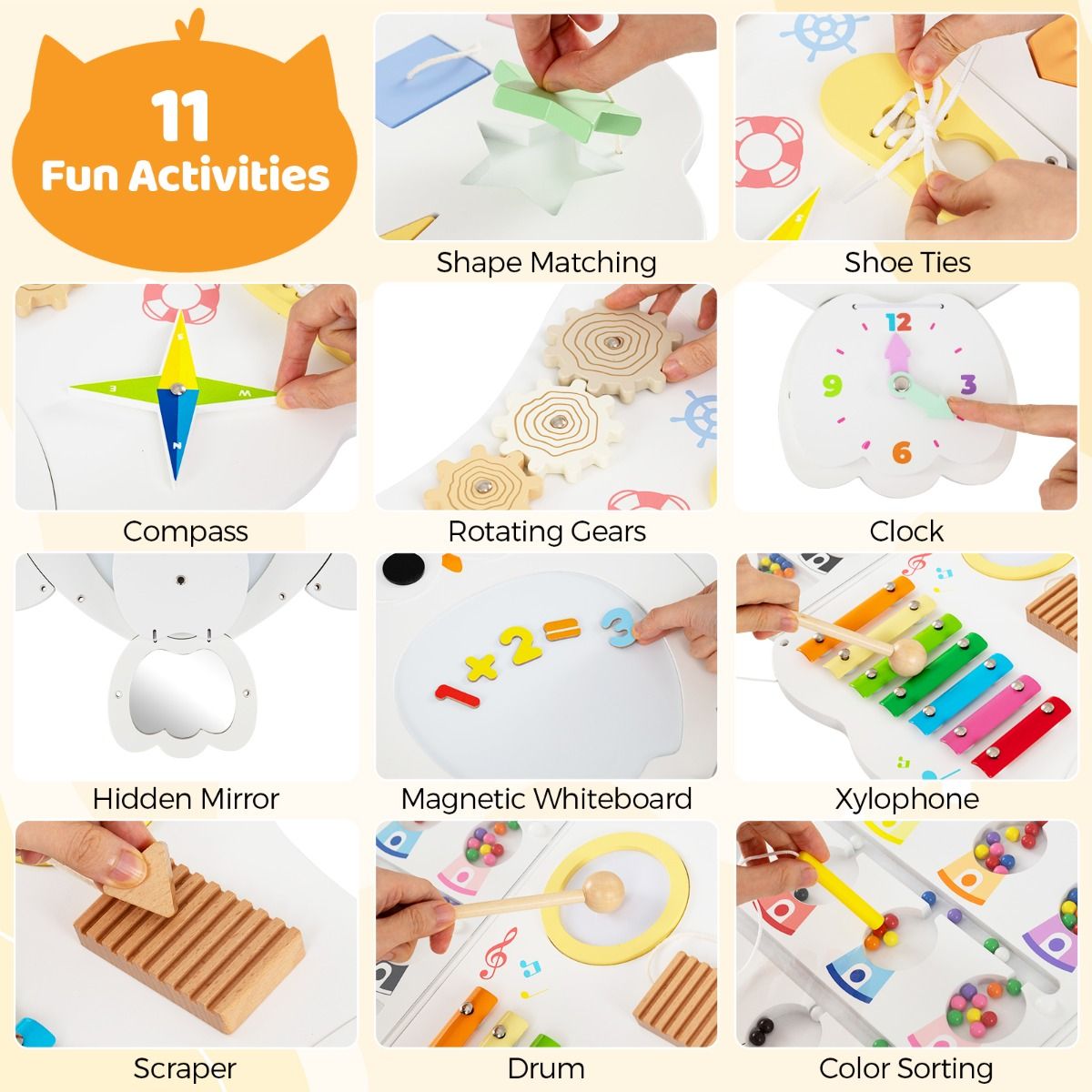 Coast Wand-Aktivitätenbrett „Eule“ – 11-in-1-Lernaktivitätenbrett – Montessori-Spielzeug – weiß