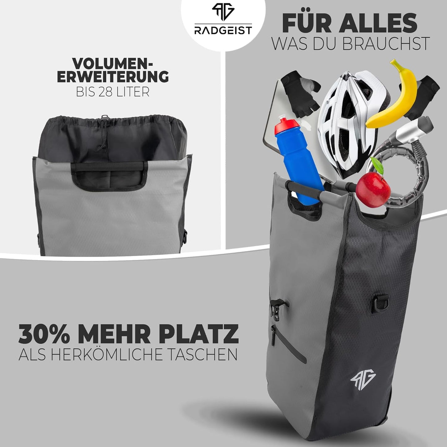 RADGEIST Fahrradtasche für Gepäckträger I Fahrradtasche Shopper I Fahrradkuriertasche & Tragetasche 22-28 Liter