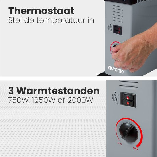 Auronic Elektrokonvektor - 750/1250/2000 Watt - Einstellbarer Thermostat - Heizung - Grau