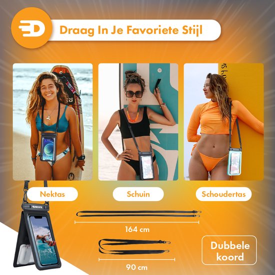 Drivv. Wasserdichte Handytasche 2 in 1 mit Kabel - Universal bis zu 6,7 Zoll - Unterwassergehäuse Telefon - Schwarz