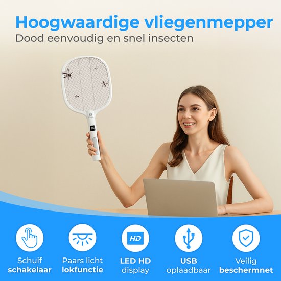 Nuvance Elektrische Fliegenklatsche - Usb Wiederaufladbar - Mückenlampe - mit Display - Mückenstecker - Fliegenfalle - Fliegenlampe - Weiß