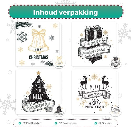 Giftmas Weihnachtskarten - Grußkarten - 52 Stück - Mit Umschlägen und Aufklebern - 10x10cm